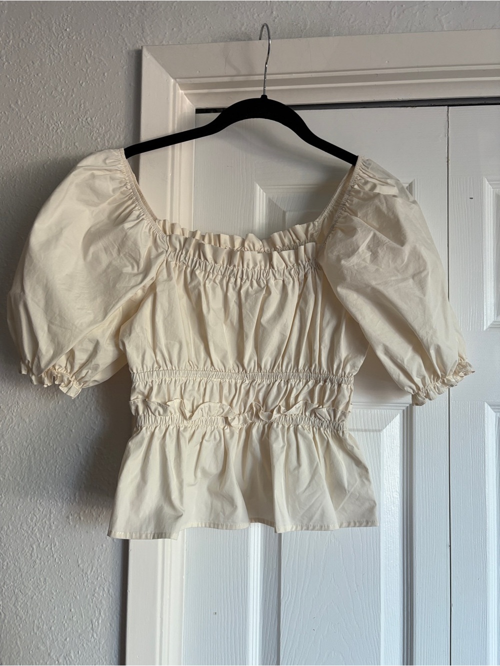 Moon River Puff-Sleeve Smocked Cottage Peasant Blouse Top - Cream
